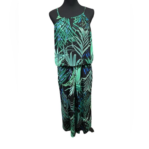 London Times Cropped Green Palm Tropical Halter Wide Leg Jumpsuit, Size 14 - Picture 4 of 9